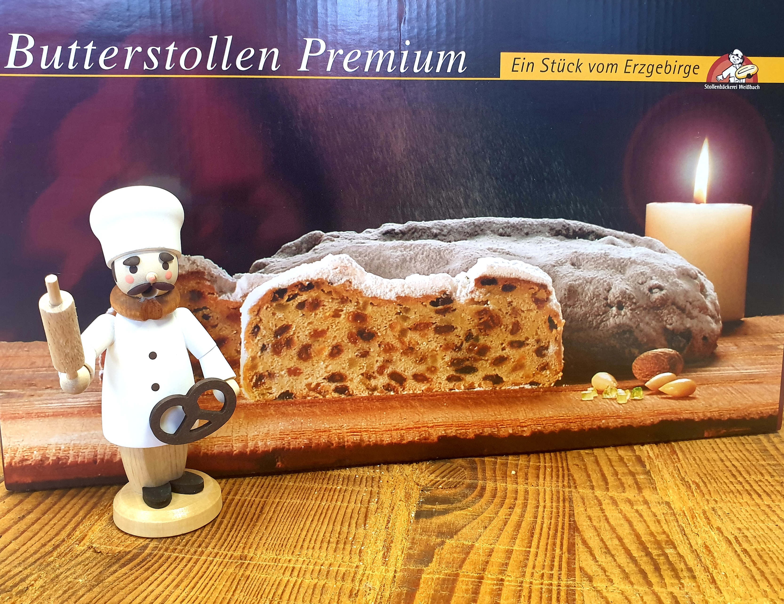 Geschenkidee Butterstollen Premium 1000 g mit original Seiffener Räuchermann & Räucherkerzen